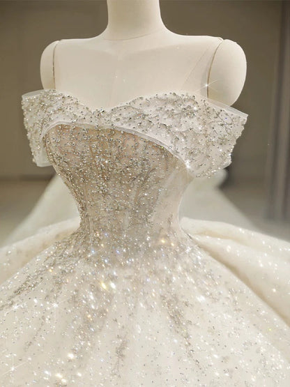 Unique Ball Gown Off The Shoulder Sequin Short Sleeves White Wedding Dresses Brides Dress