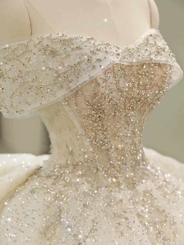 Unique Ball Gown Off The Shoulder Sequin Short Sleeves White Wedding Dresses Brides Dress