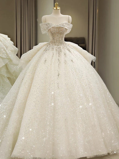 Unique Ball Gown Off The Shoulder Sequin Short Sleeves White Wedding Dresses Brides Dress