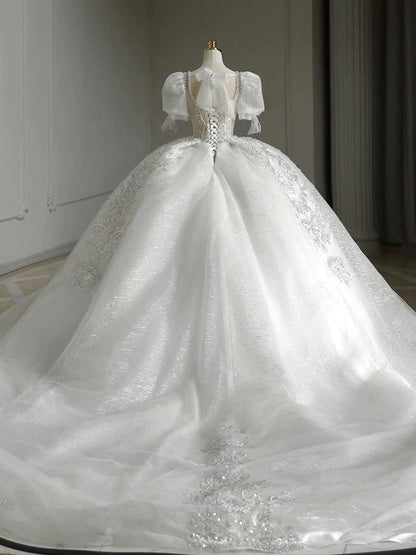 Pretty Ball Gown Square Neckline Short Sleeves Sequin White Wedding Dresses Brides Dress