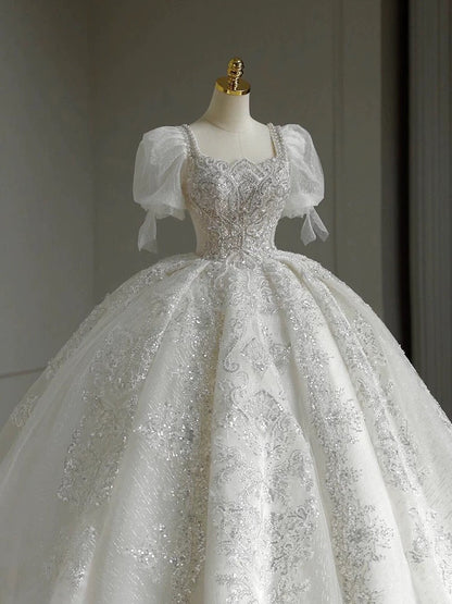 Pretty Ball Gown Square Neckline Short Sleeves Sequin White Wedding Dresses Brides Dress