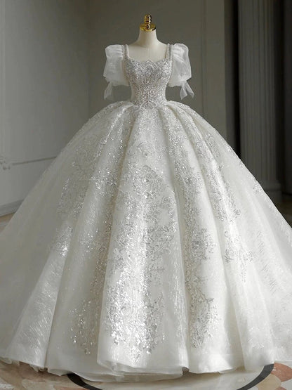 Pretty Ball Gown Square Neckline Short Sleeves Sequin White Wedding Dresses Brides Dress