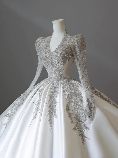 Pretty Ball Gown V Neckline Long Sleeves Sequin White Wedding Dresses Brides Dress