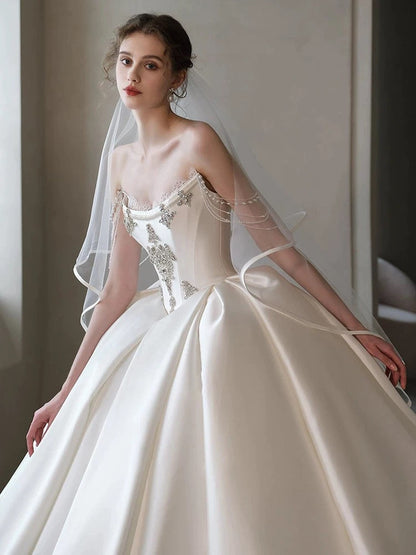Simple Ball Gown Strapless Sleeveless Satin White Wedding Dresses Brides Dress