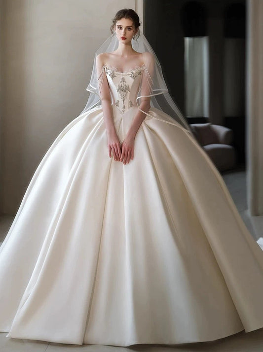 Luxury Ball Gown Strapless Sleeveless Satin White Wedding Dresses Brides Dress