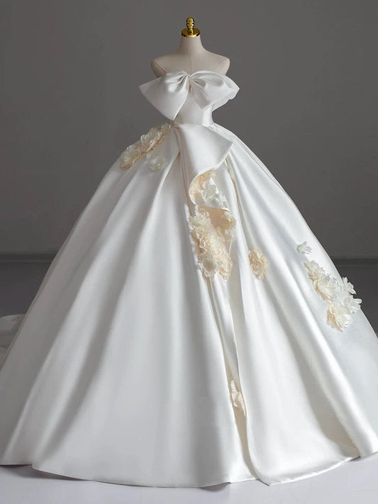 Simple Ball Gown Strapless Sleeveless Satin White Wedding Dresses Brides Dress With Bow