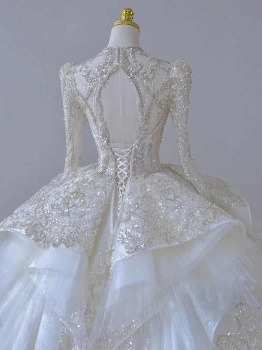 Timeless Ball Gown Scoop Long Sleeves Lace White Wedding Dresses Brides Dress