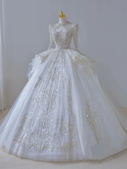Timeless Ball Gown Scoop Long Sleeves Lace White Wedding Dresses Brides Dress