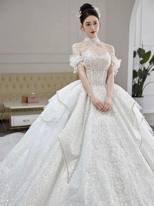 Classy Ball Gown Strapless Neckline Long Sleeves Sequin White Wedding Dresses Brides Dress