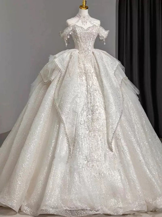 Timeless Ball Gown Sweetheart Short Sleeves Lace White Wedding Dresses Brides Dress