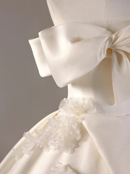 Timeless Ball Gown Off The Shoulder Short Sleeves Satin White Wedding Dresses Brides Dress