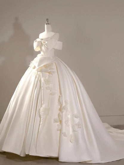 Timeless Ball Gown Off The Shoulder Short Sleeves Satin White Wedding Dresses Brides Dress