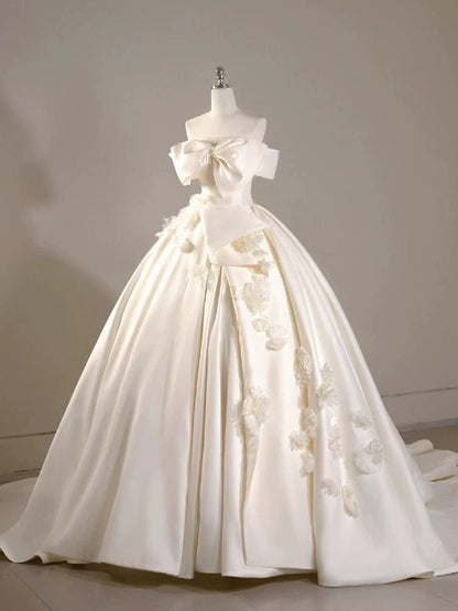 Timeless Ball Gown Off The Shoulder Short Sleeves Satin White Wedding Dresses Brides Dress