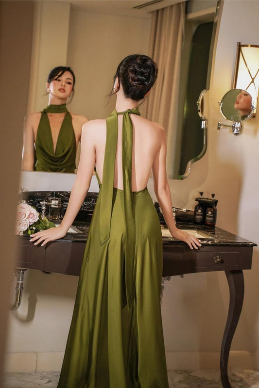 Drop Neck Silk Maxi Dress Wedding Guest Dress Prom Dresses Evening Gowns