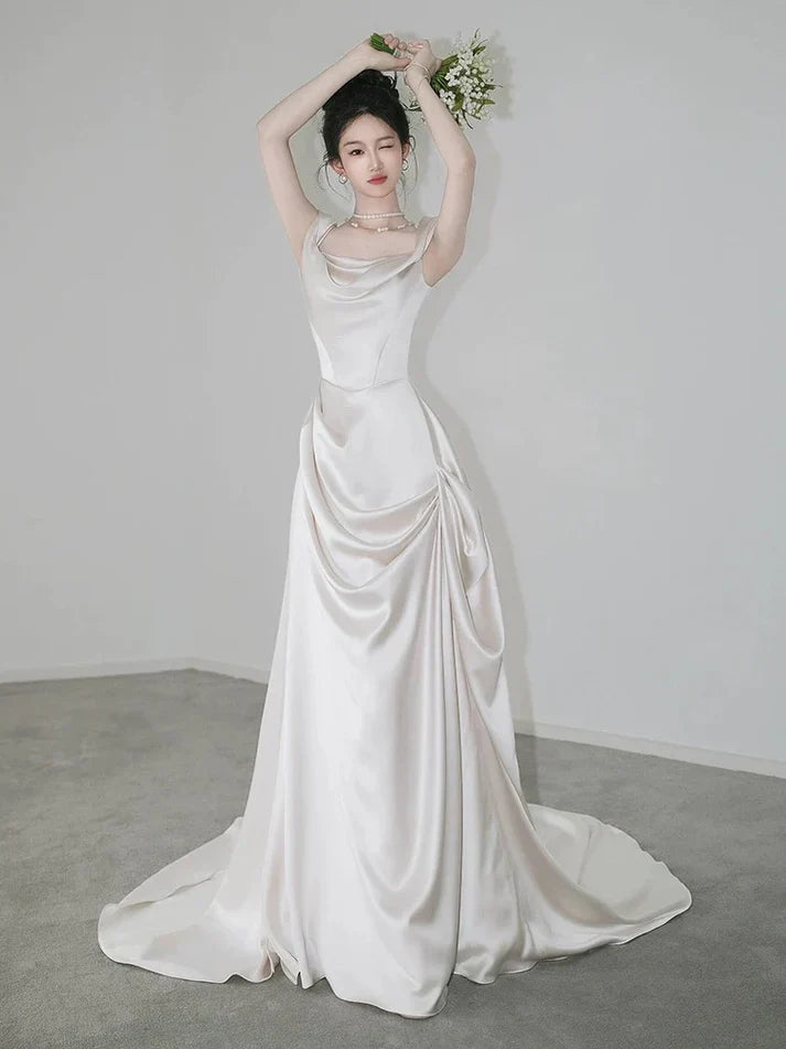 Retro Off-the-shoulder Floor Length Design Elegant Satin A-Line Wedding Dress TP4103