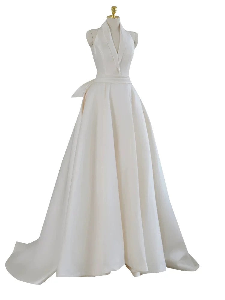 Unique Ball Gown Halter Neckline Satin Pleats White Wedding Dresses