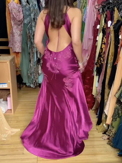 Enchanting V-neck Embroidery Spaghetti Strap Satin Mermaid Prom Dress Evening Dress TP4325