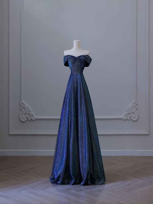 Pretty A Line Off The Shoulder Blue Sequin Long Prom Dresses Evening Gowns