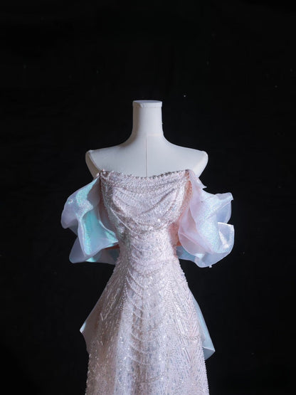 Pretty A line Off The Shoulder Pink Sequin Long Prom Dresses Evening Gowns