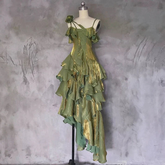 Retro Spaghetti Strap Irregular Ruffled Detachable Rose Design Elegant Satin Evening Dress Prom Dress TP4105