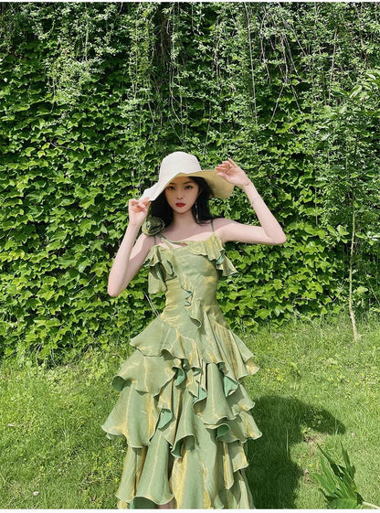 Retro Spaghetti Strap Irregular Ruffled Detachable Rose Design Elegant Satin Evening Dress Prom Dress TP4105