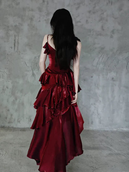 Retro Spaghetti Strap Irregular Ruffled Detachable Rose Design Elegant Satin Evening Dress Prom Dress TP4105