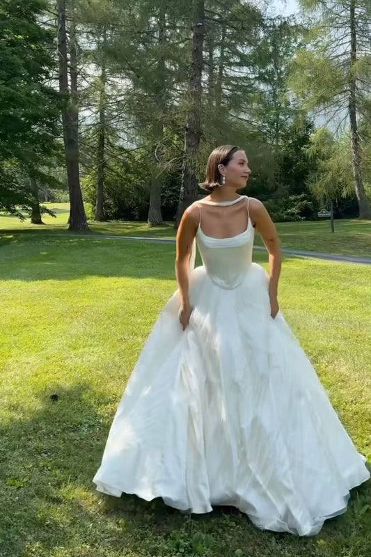 Simple Ball Gown Spaghetti Straps White Satin Long Wedding Dresses Bridal Dress