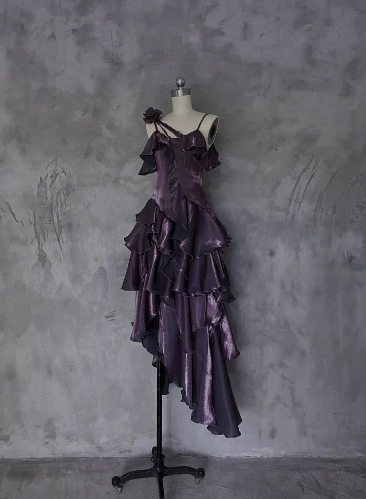 Retro Spaghetti Strap Irregular Ruffled Detachable Rose Design Elegant Satin Evening Dress Prom Dress TP4105