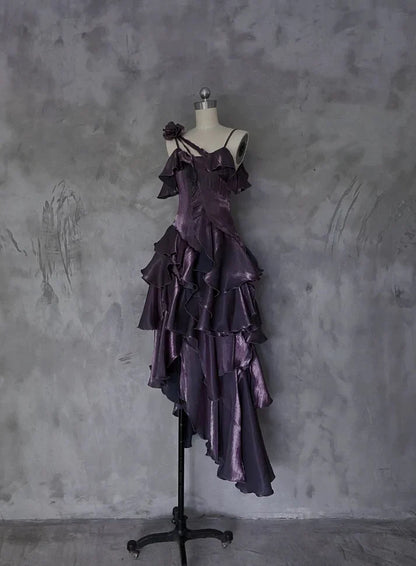 Retro Spaghetti Strap Irregular Ruffled Detachable Rose Design Elegant Satin Evening Dress Prom Dress TP4105