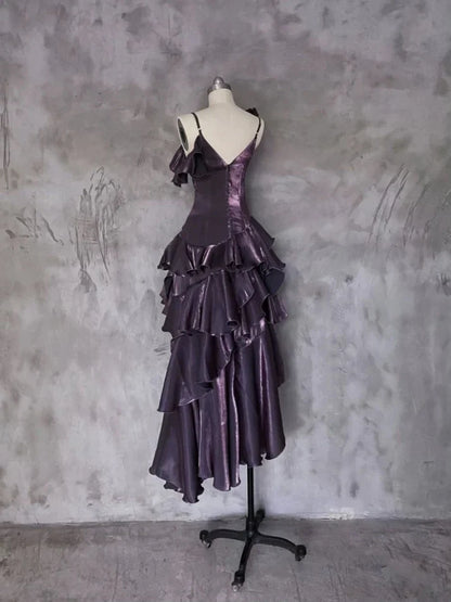 Retro Spaghetti Strap Irregular Ruffled Detachable Rose Design Elegant Satin Evening Dress Prom Dress TP4105