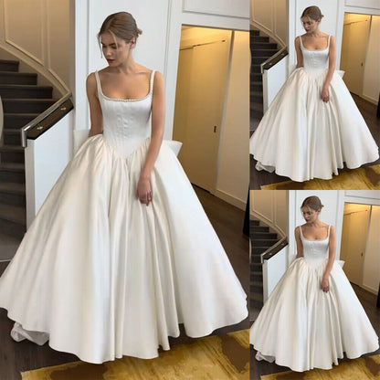 Simple Ball Gown Straps White Satin Long Wedding Dresses Bridal Dress