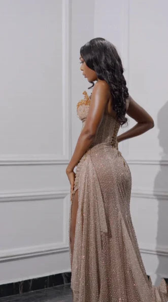 Enchanting Shiny Champagne Beaded Strapless Slit Prom Dress Evening Dress TP4330