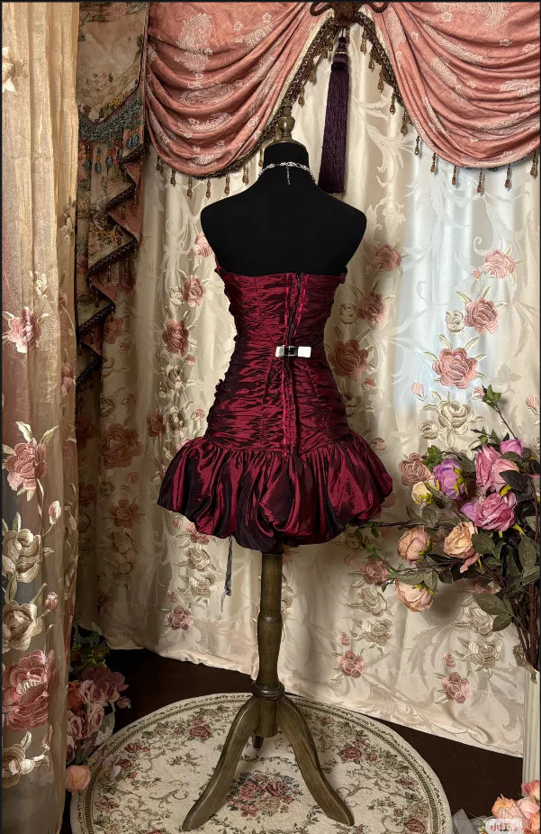 Vintage Burgundy Sheath Strapless 16th Birthday Dress Party Dresses Homecoming Dress TP4035