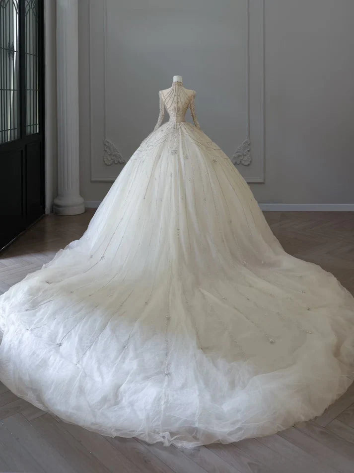Vintage Sparkling Beaded Ball Gown Design A-Line Long-sleeved Princess Wedding Dress TP4102