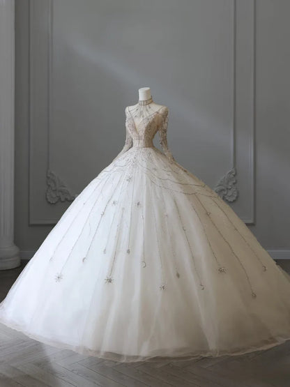 Vintage Sparkling Beaded Ball Gown Design A-Line Long-sleeved Princess Wedding Dress TP4102
