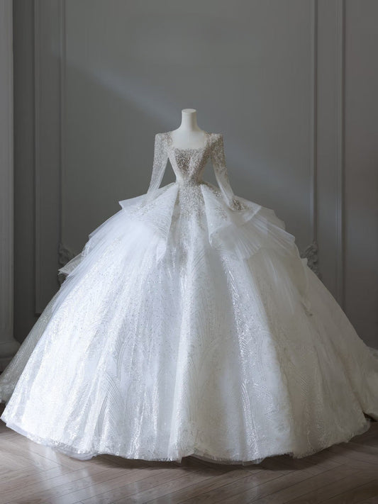 Timeless Ball Gown Square Neckline Sequin Long Wedding Dresses Bridal Dress