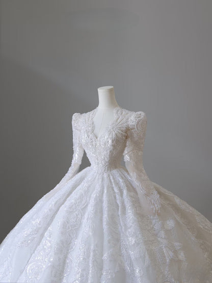 Timeless Ball Gown V Neckline Sequin Long Sleeves Wedding Dress Bridal Dresses