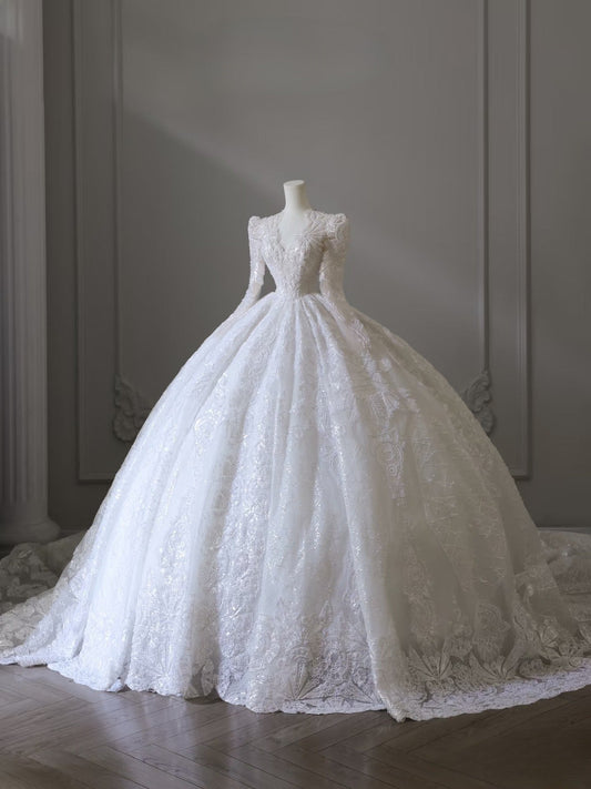 Timeless Ball Gown V Neckline Sequin Long Sleeves Wedding Dress Bridal Dresses
