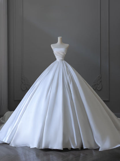Timeless Ball Gown Strapless Satin White Long Wedding Dress Bridal Dresses