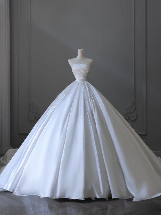 Timeless Ball Gown Strapless Satin White Long Wedding Dress Bridal Dresses