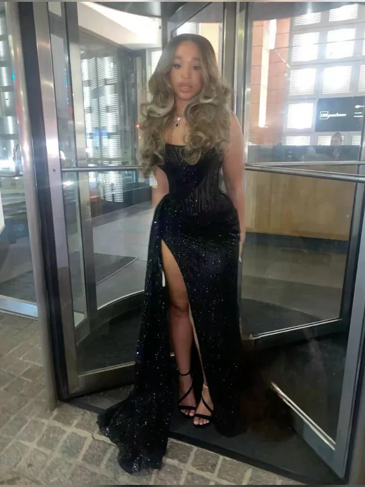 Gorgeous Glittering Black Beaded Strapless Mermaid High Slit Prom Dress Evening Dress TP4328