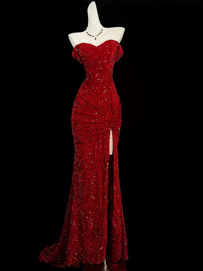 Enchanting Shiny Sequin Sweetheart Off-the-shoulder Mermaid Floor-length High Slit Prom Dress Evening Dress TP4317