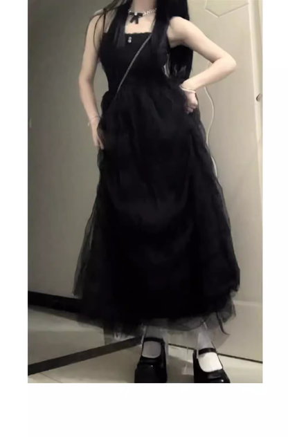 Chic Ball Gown Spaghetti Straps Black Tulle Long Birthday Dresses Birthday Outfits