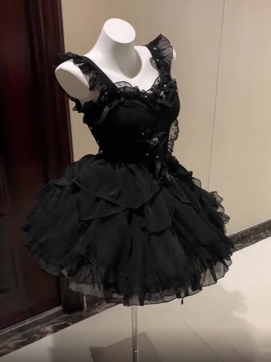 Chic Ball Gown Straps Black Floral Short Black Homecoming Dresses Birthday Outfits