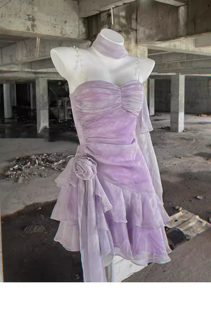 Retro Light Purple A-line Spaghetti Strap Short Lilac Homecoming Dress 17th Birthday Dress TP4036