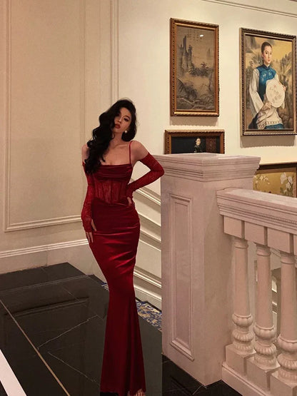 Vintage Red Spaghetti Strap Gloves Design Elegant Sheath Evening Dress Prom Dress TP4108