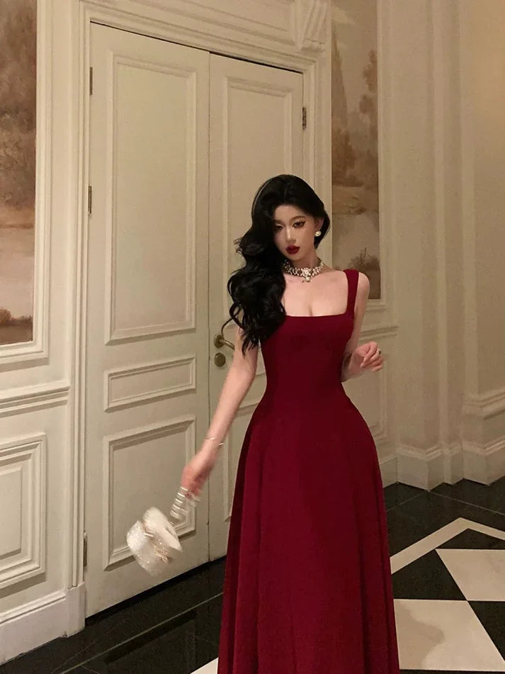 Retro Burgundy Maxi Length Design Elegant A-Line Evening Dress Prom Dress TP4106