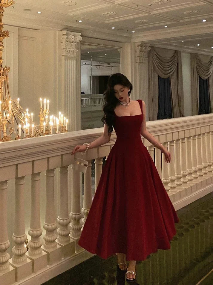 Retro Burgundy Maxi Length Design Elegant A-Line Evening Dress Prom Dress TP4106
