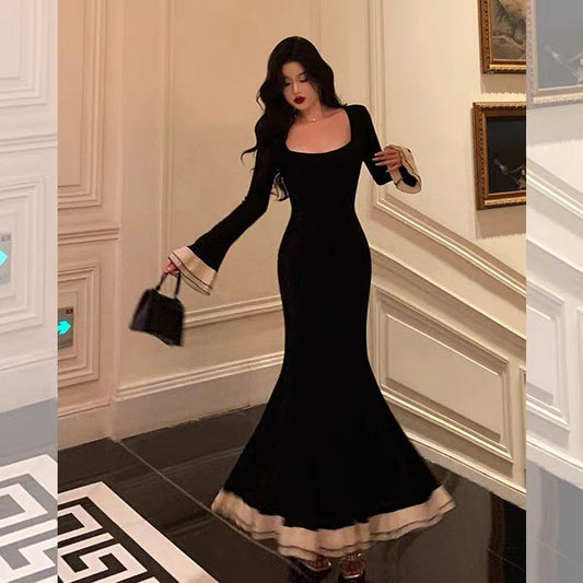Pretty Mermaid Square Neckline Black Prom Dresses Birthday Outfits Evening Gown