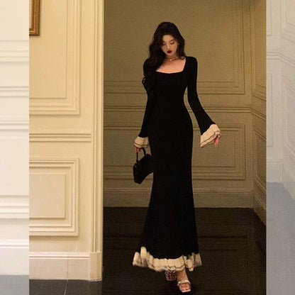 Pretty Mermaid Square Neckline Black Prom Dresses Birthday Outfits Evening Gown